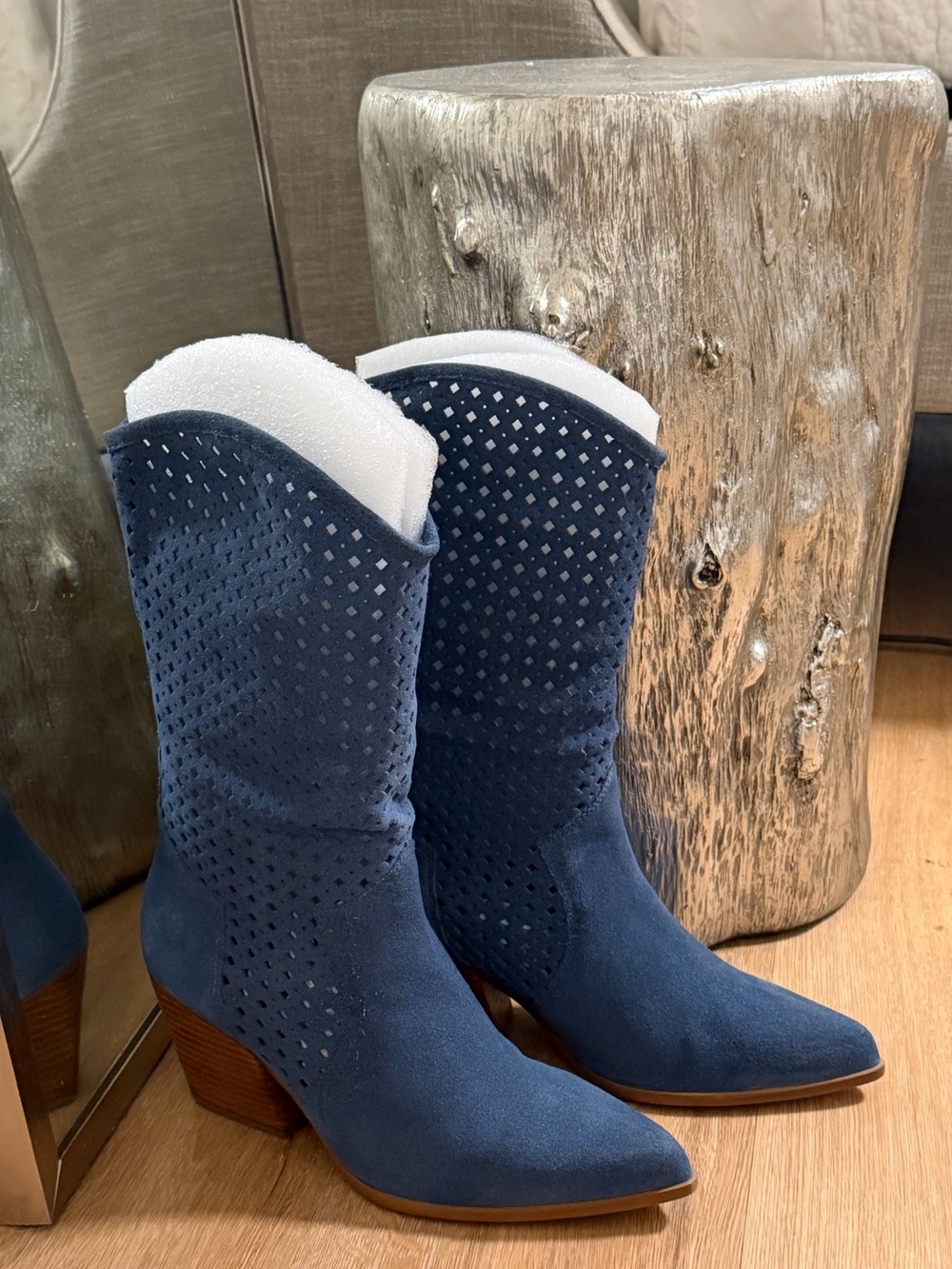 Seychelles Blue Suede Mid-Calf Perforated Western Boots - 8